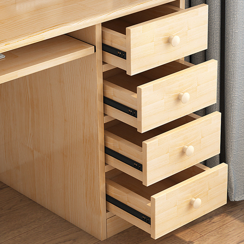 Computer Desk in Naturqal Solid Wood with 5 Drawers and Storage Shelves