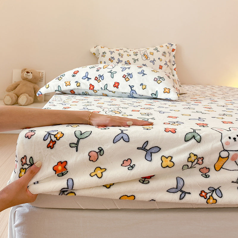 Sheet Sets Flannel Cartoon Printed Wrinkle Resistant Super Soft Breathable Bed Sheet Set