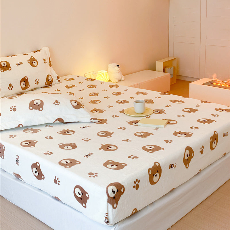 Sheet Sets Flannel Cartoon Printed Wrinkle Resistant Super Soft Breathable Bed Sheet Set