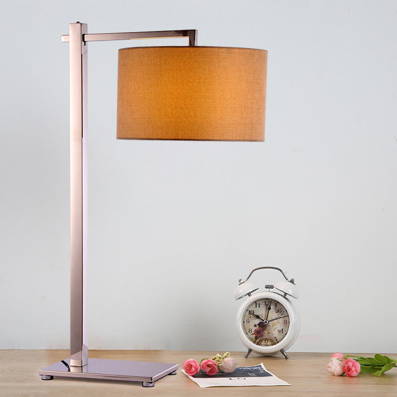 Fabric Short Cylinder Night Lamp Modern Style 1 Head Brown Table Lighting with Tall Steel Stand