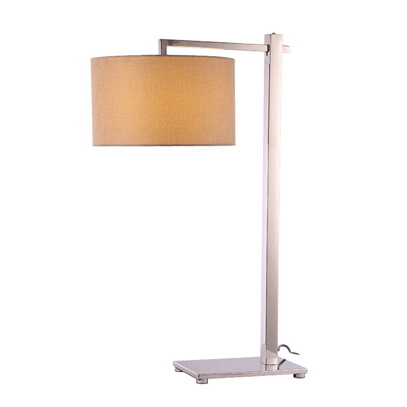 Fabric Short Cylinder Night Lamp Modern Style 1 Head Brown Table Lighting with Tall Steel Stand