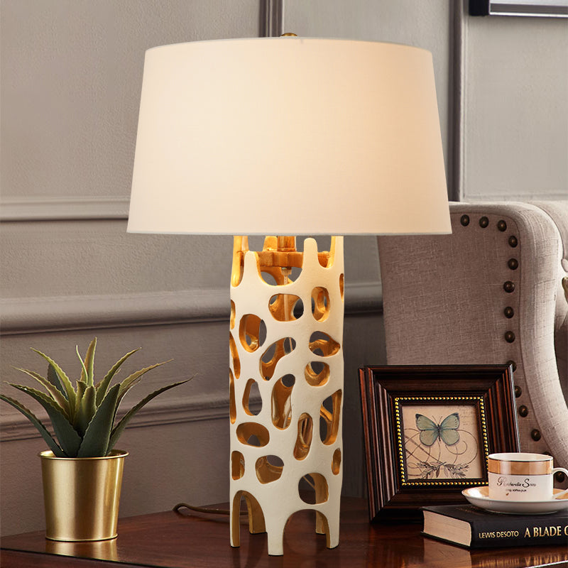 Tapered Drum Fabric Night Lighting Modern Stylish 1 Head White Table Lamp with Cutouts Resin Base