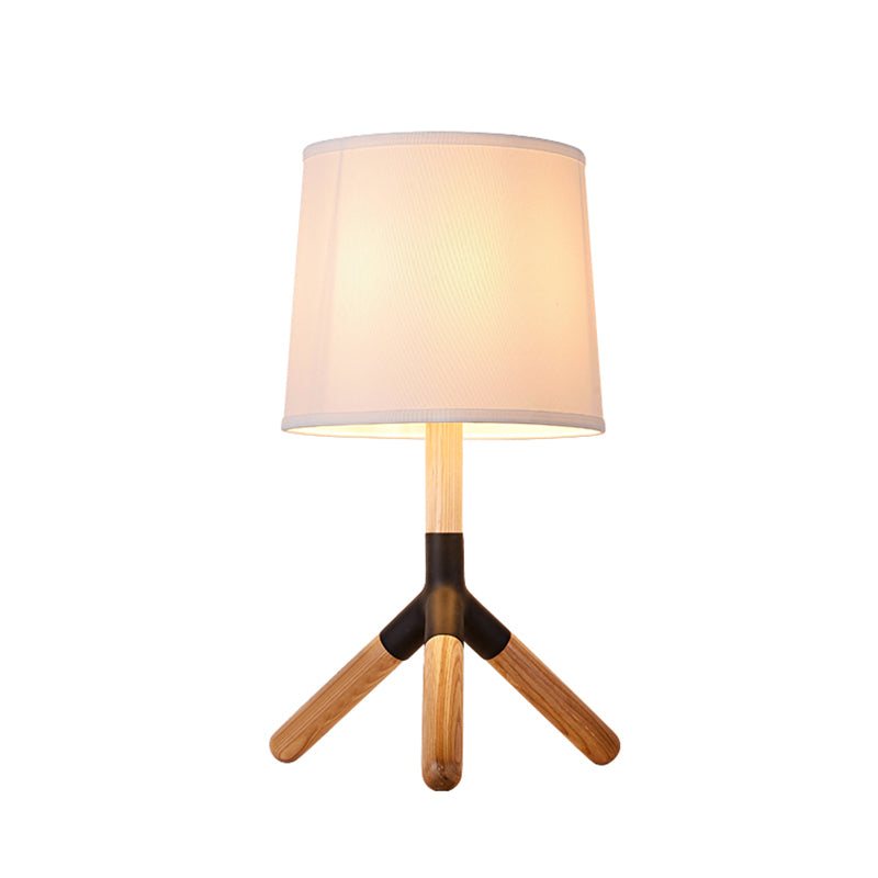 Wood Tri-Leg Table Lamp Simplicity 1 Light White Night Stand Light with Barrel Fabric Lamp Shade