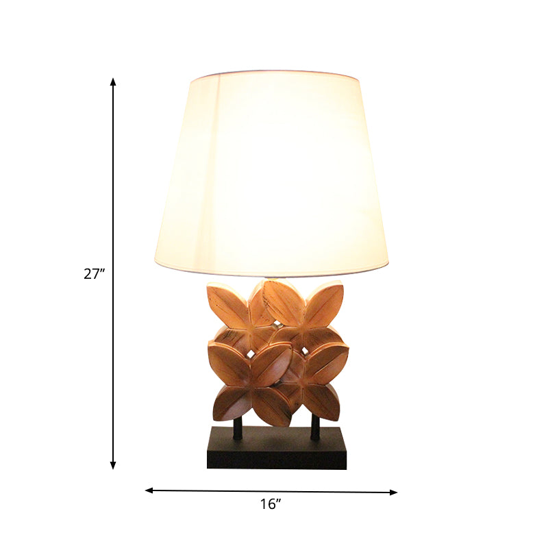 Empire Shade Table Lighting Retro Fabric 1 Bulb White Night Stand Lamp with Wood Carved Leaf Base