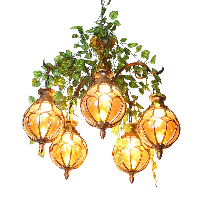 Amber Glass Brass Chandelier Light Ball 5/9 Lights Antique Plant Suspended Lighting Fixture for Dining Room