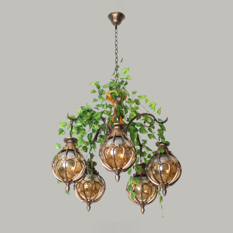 Amber Glass Brass Chandelier Light Ball 5/9 Lights Antique Plant Suspended Lighting Fixture for Dining Room