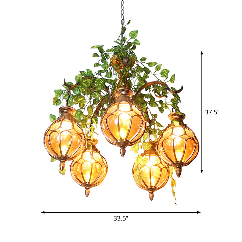 Amber Glass Brass Chandelier Light Ball 5/9 Lights Antique Plant Suspended Lighting Fixture for Dining Room