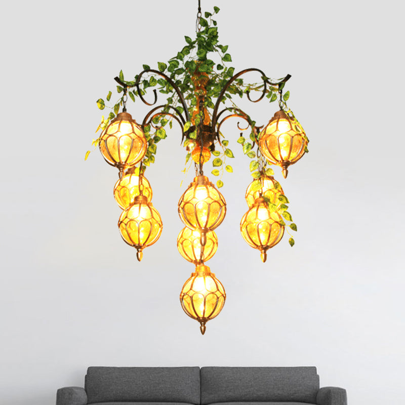 Amber Glass Brass Chandelier Light Ball 5/9 Lights Antique Plant Suspended Lighting Fixture for Dining Room