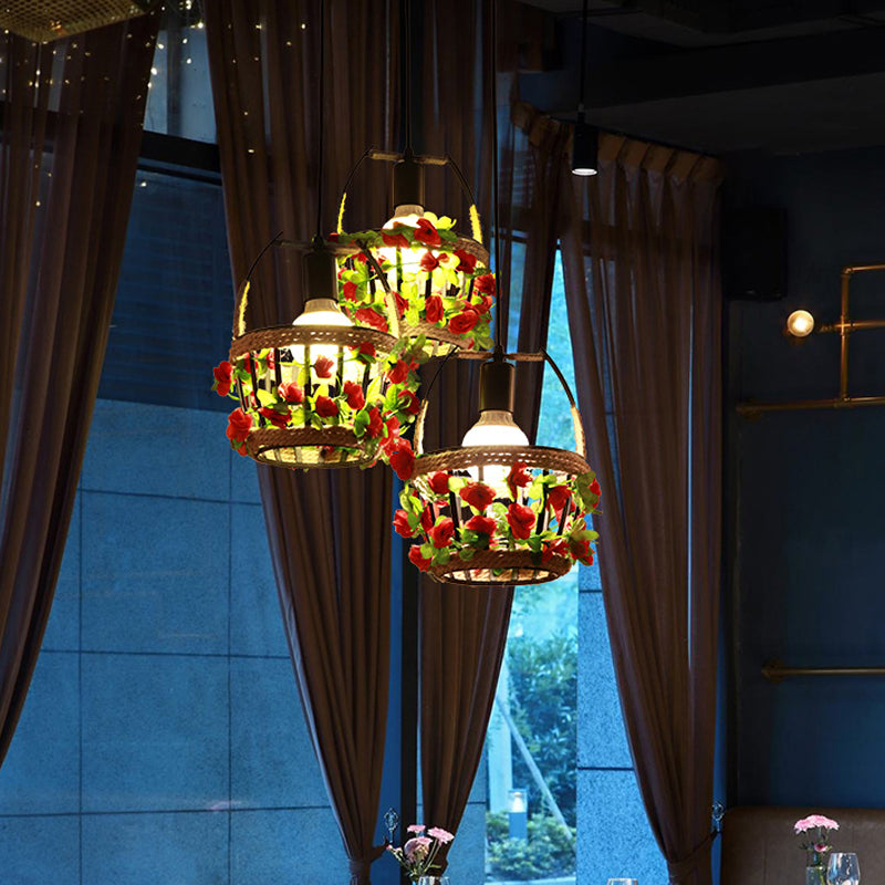 Flower Basket Restaurant Cluster Pendant Metal 3 Heads Black Suspension Lighting with Round/Linear Canopy