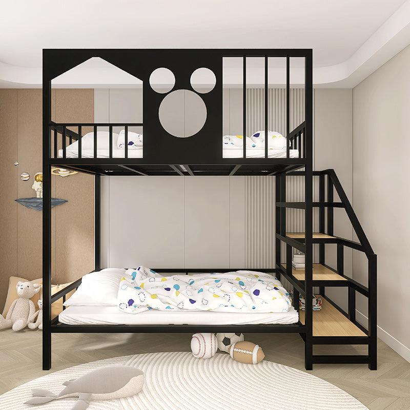 Metal Loft Bed White/Black Kids Bed with Stairway and Guardrail