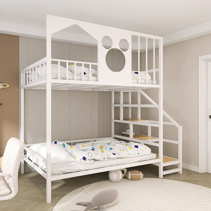Metal Loft Bed White/Black Kids Bed with Stairway and Guardrail