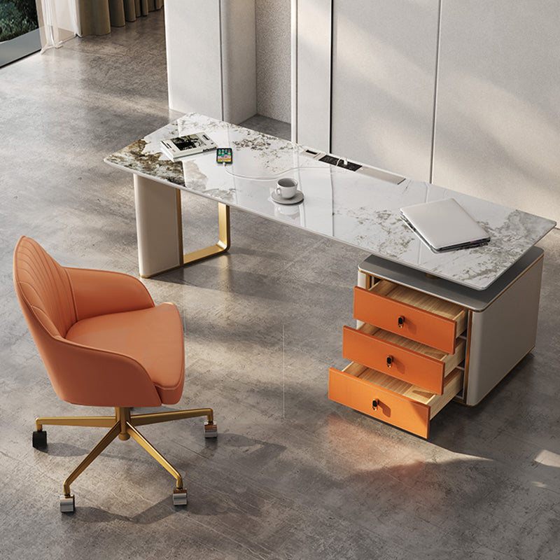 Glam Slate Top Office Desk Modern Rectangle Writing Desk with 3 Drawers