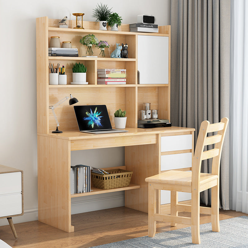 Writing Desk in Natural Solid Wood with 2 Drawers and Bookshelf