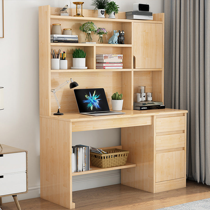 Writing Desk in Natural Solid Wood with 2 Drawers and Bookshelf