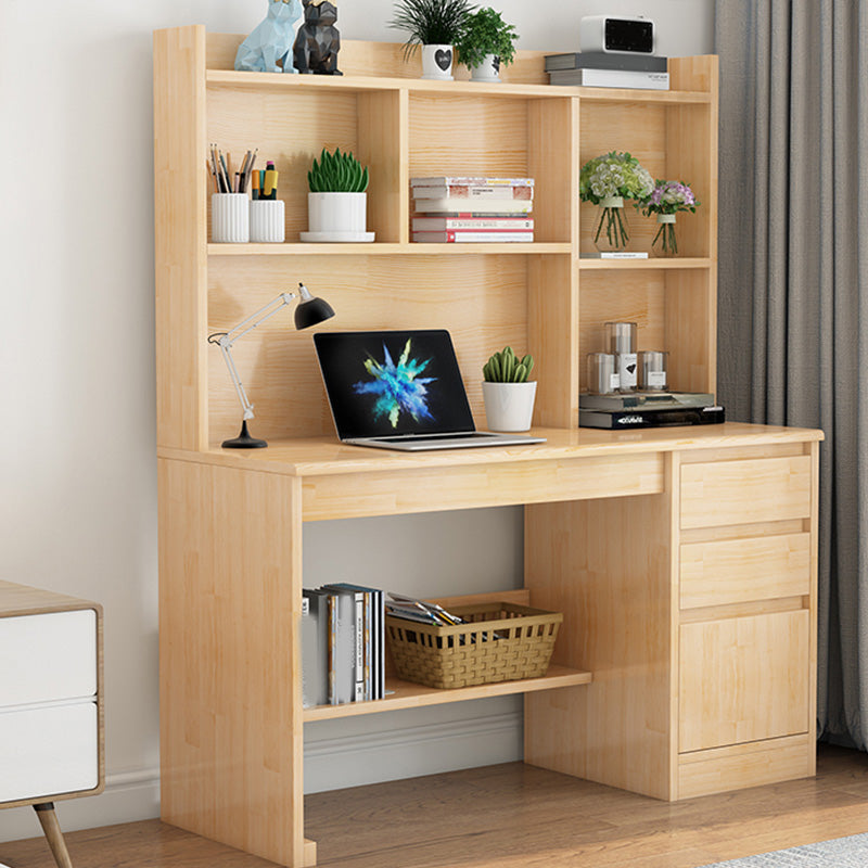 Writing Desk in Natural Solid Wood with 2 Drawers and Bookshelf