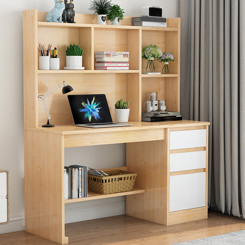 Writing Desk in Natural Solid Wood with 2 Drawers and Bookshelf