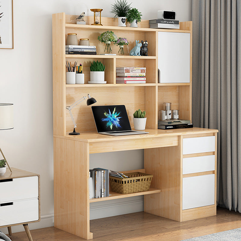 Writing Desk in Natural Solid Wood with 2 Drawers and Bookshelf