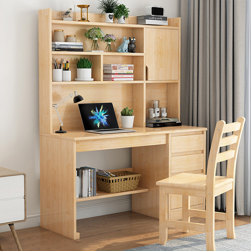 Writing Desk in Natural Solid Wood with 2 Drawers and Bookshelf