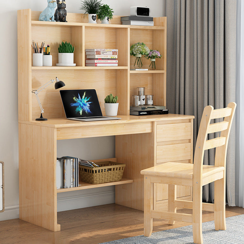 Writing Desk in Natural Solid Wood with 2 Drawers and Bookshelf