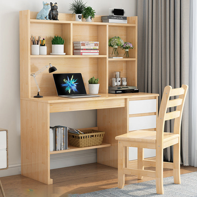 Writing Desk in Natural Solid Wood with 2 Drawers and Bookshelf