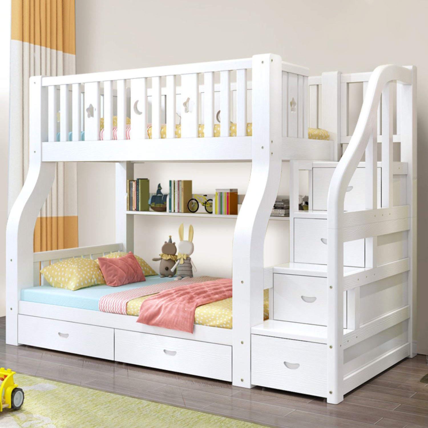 Solid Wood Bunk Bed Tall Clearance Scandinavian Kids Bed with Drawers