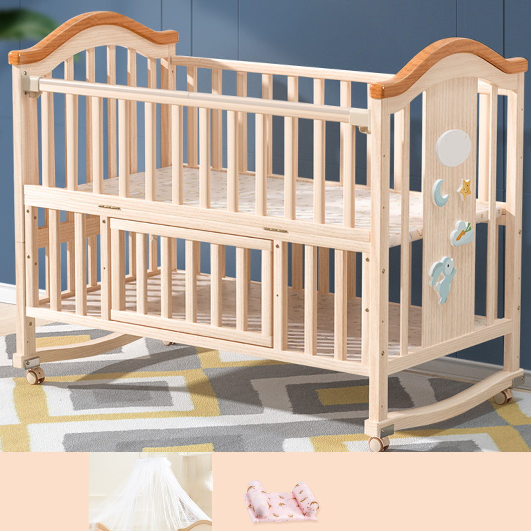 Light Wood Pine Nursery Crib Modern Nursery Crib with Casters/Wheels