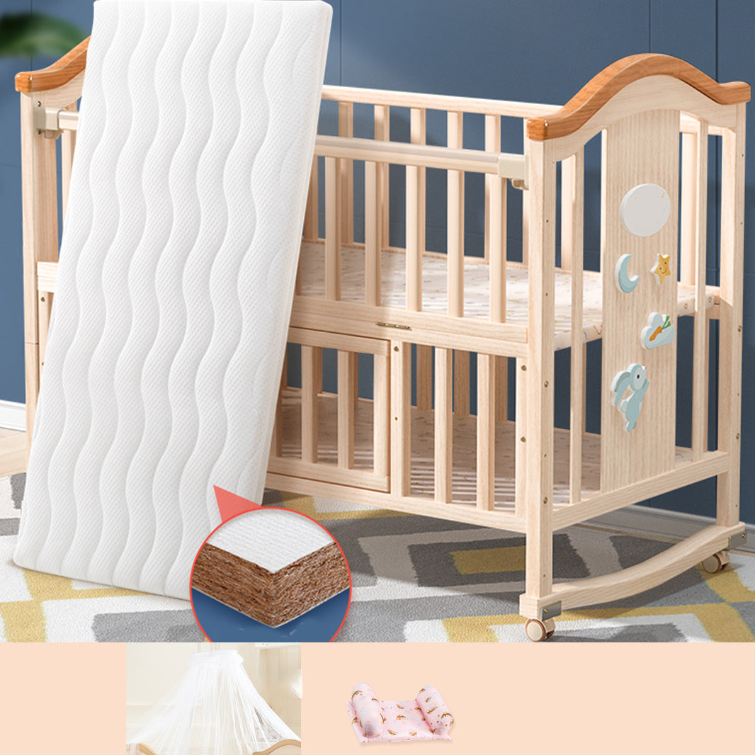 Light Wood Pine Nursery Crib Modern Nursery Crib with Casters/Wheels