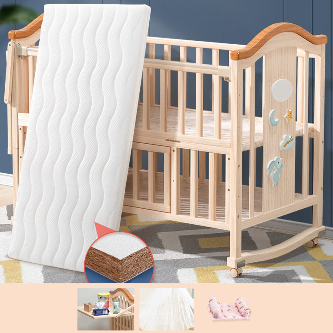 Light Wood Pine Nursery Crib Modern Nursery Crib with Casters/Wheels