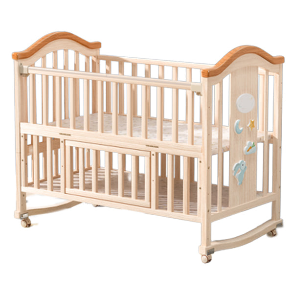 Light Wood Pine Nursery Crib Modern Nursery Crib with Casters/Wheels