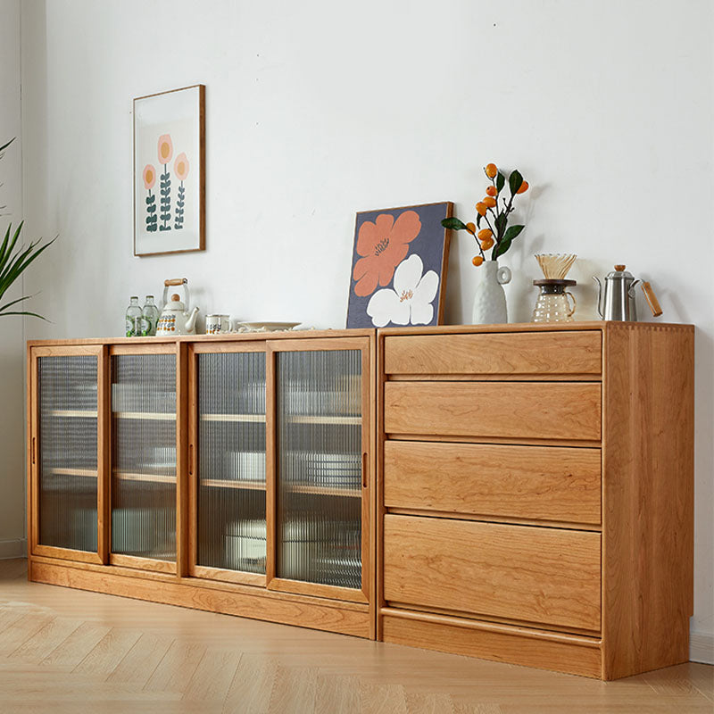 Modern Sideboard Cherry Glass Doors Sideboard Buffet with Doors for Dining Room