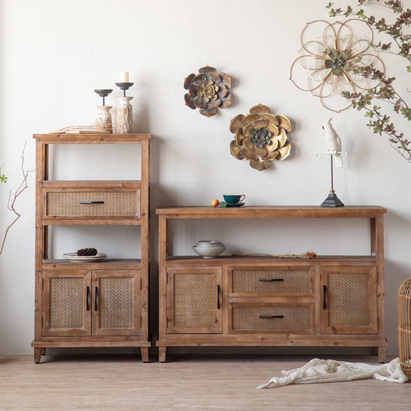 Farmhouse Wood Sideboard Table 2 Doors Open Storage with 1/2 Drawers for Dining Room