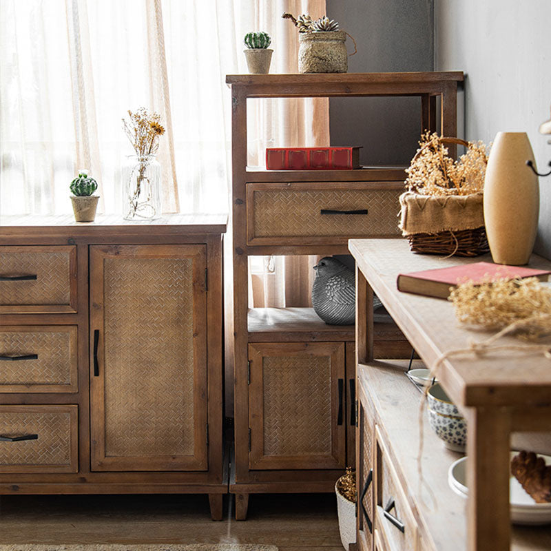 Farmhouse Wood Sideboard Table 2 Doors Open Storage with 1/2 Drawers for Dining Room