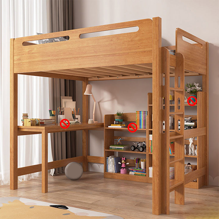 Brown Loft Bed Scandinavian Solid Wood High Loft Built-In Ladder Kids Bed