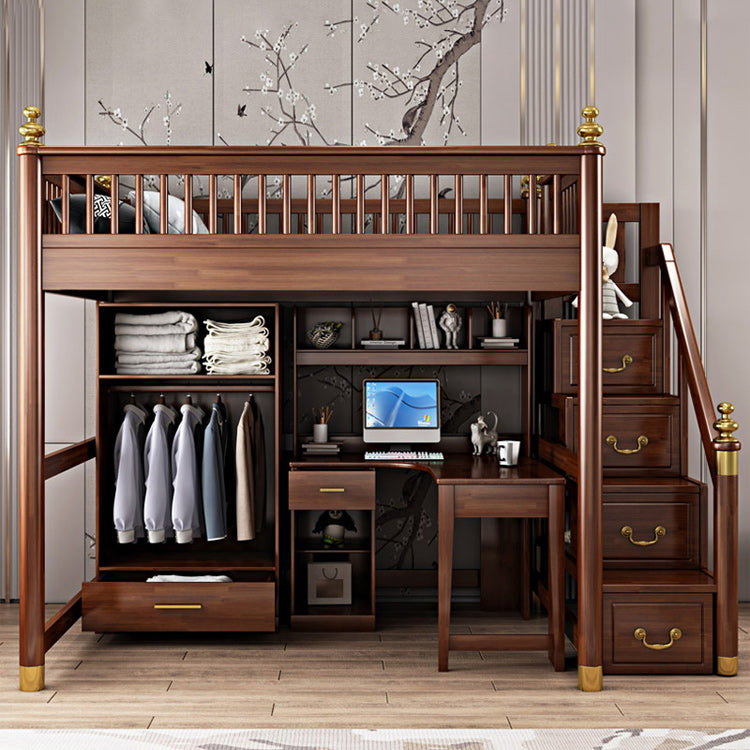 Solid Wood Loft Bed with Storage Scandinavian Brown Kids Bed with Open Frame