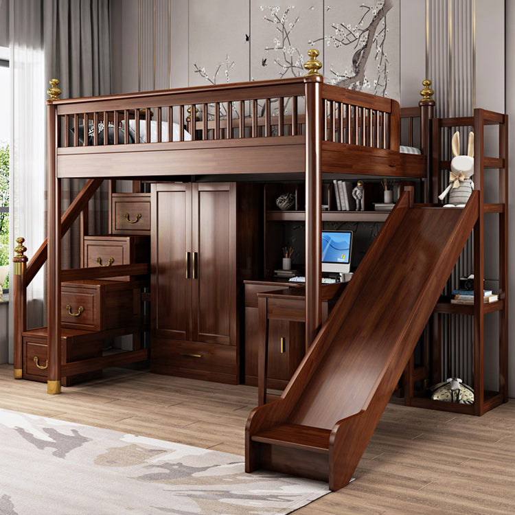 Solid Wood Loft Bed with Storage Scandinavian Brown Kids Bed with Open Frame