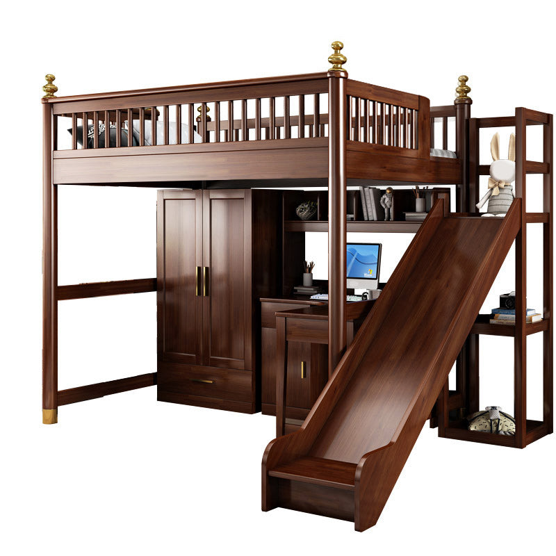 Solid Wood Loft Bed with Storage Scandinavian Brown Kids Bed with Open Frame