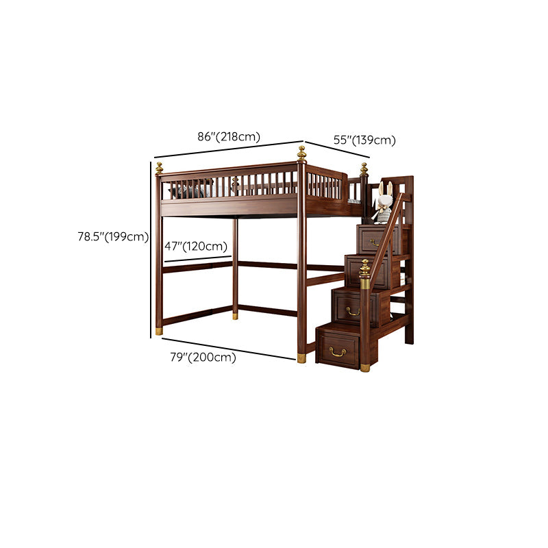 Solid Wood Loft Bed with Storage Scandinavian Brown Kids Bed with Open Frame