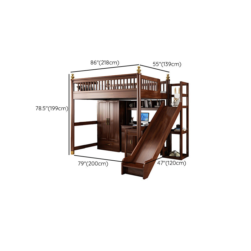 Solid Wood Loft Bed with Storage Scandinavian Brown Kids Bed with Open Frame