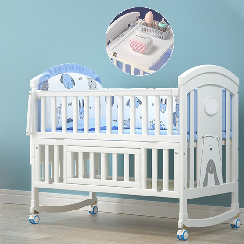 White Wooden Nursery Crib Storage Scandinavian Crib with Casters