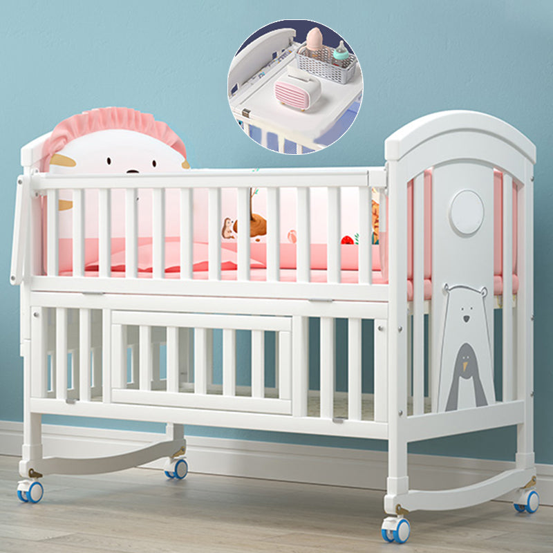 White Wooden Nursery Crib Storage Scandinavian Crib with Casters