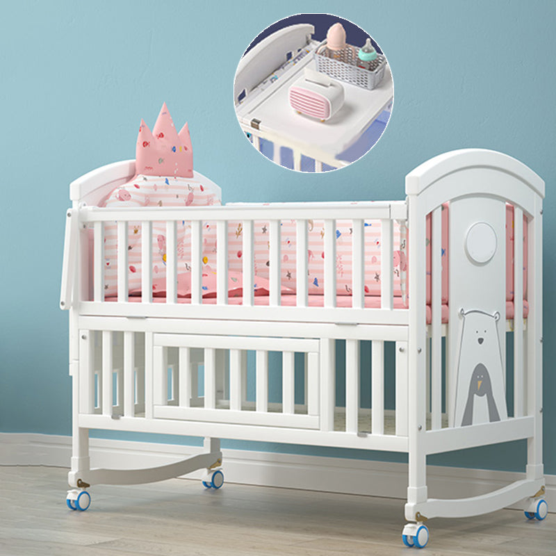 White Wooden Nursery Crib Storage Scandinavian Crib with Casters