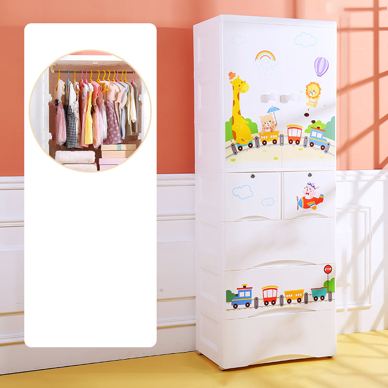 White Plastic Hanging Clothes Rack Glossy Closet with Lower Storage Drawers