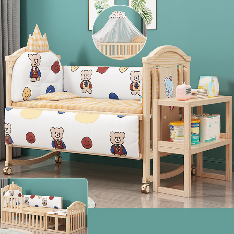 Pine Convertible Crib Modern Light Wood Nursery Bed with Casters and Storage