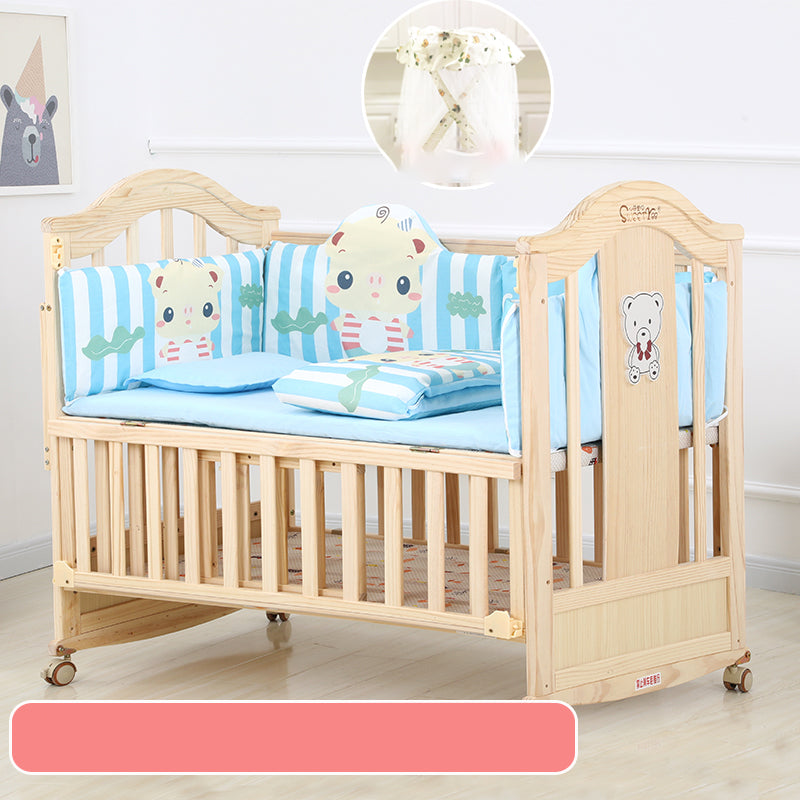Farmhouse Wood Nursery Crib Brown Arched Nursery Bed with Casters