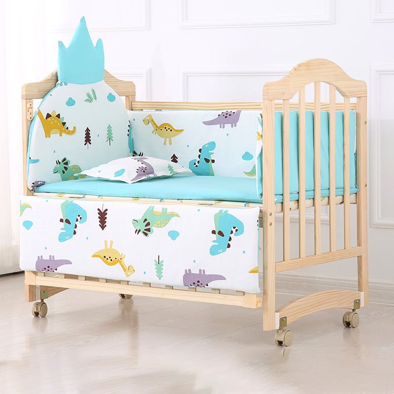 Pine Wood Scandinavian Nursery Bed Animal Print Crib with Wheels