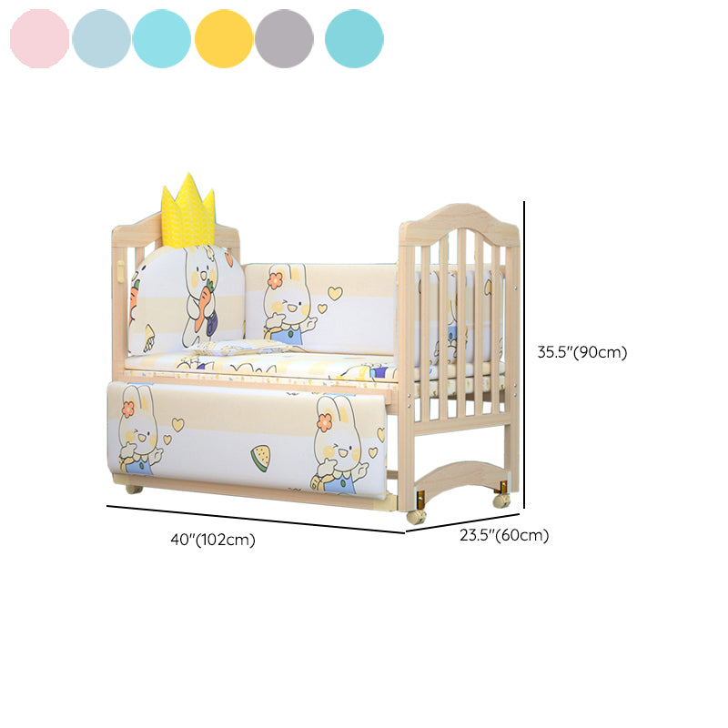 Pine Wood Scandinavian Nursery Bed Animal Print Crib with Wheels