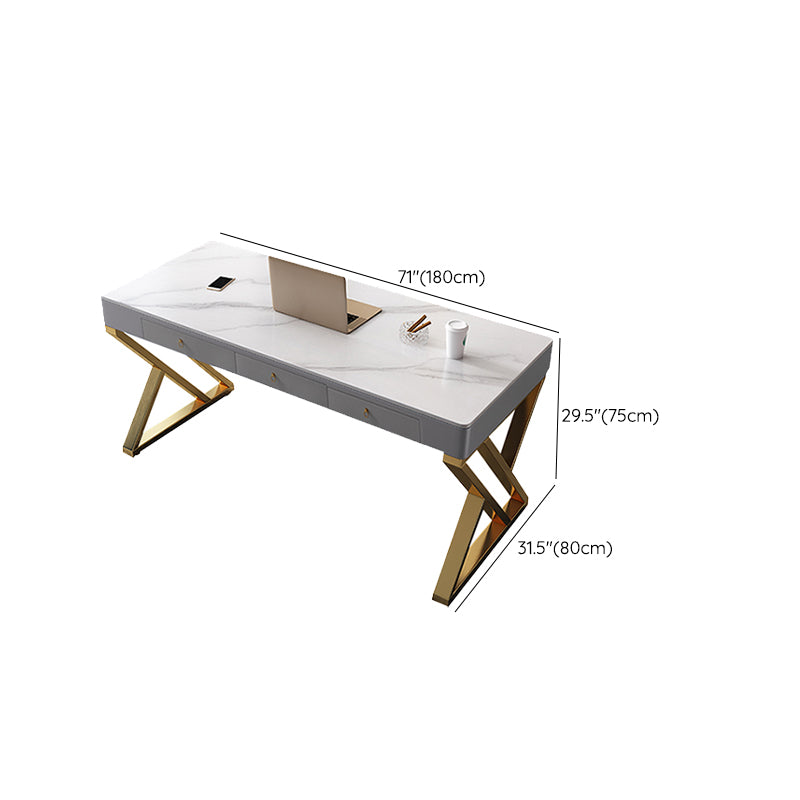 Rectangle Stone Top Office Desk Glam Style Writing Desk with Metal Base