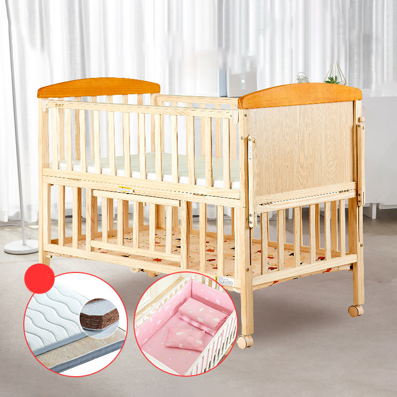 Solid Wood Convertible Baby Crib Natural Wood Crib with Storage and Adjustable Height