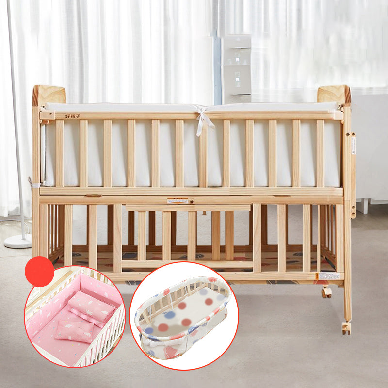 Solid Wood Convertible Baby Crib Natural Wood Crib with Storage and Adjustable Height