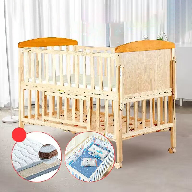 Solid Wood Convertible Baby Crib Natural Wood Crib with Storage and Adjustable Height